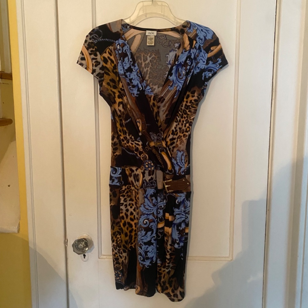 CACHE Dress,  Faux Wrap, Cap Sleeve, Leopard/Baroque/Lux print, Pullover